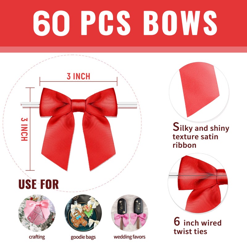Rainbow Pana 60 Pack Twist Tie Bows for Treat Bags 3"" Rainbow 6 Colors Satin Ribbon Bows for Package Craft Gift Wrapping Decoration - Red Orange Yellow Green Blue Purple  St Patricks - Image 2